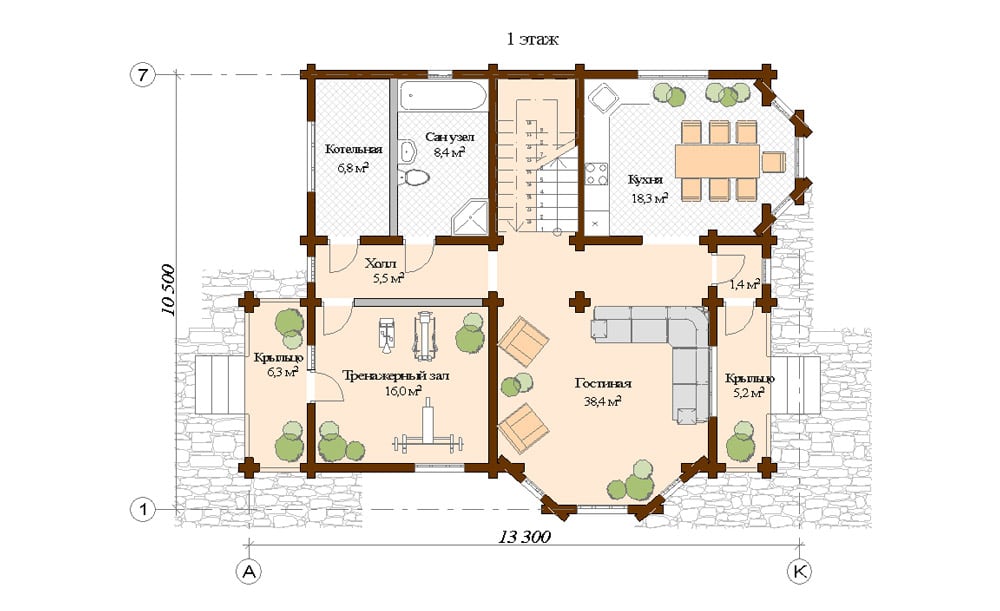 Планировка 1-го этажа деревянного дома Гортензия