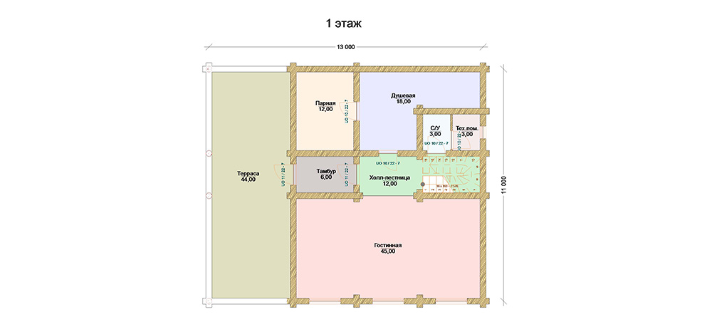 Планировка 1-го этажа бани «Марина»
