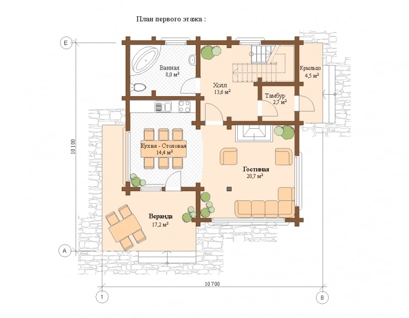 План 1 этажа деревянного дома Мария