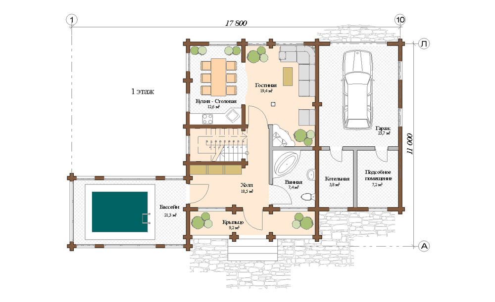План 1-го этажа деревянного дома Азалия
