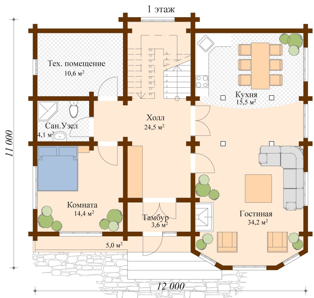 Планировка 1-го этажа деревянного дома Максимум