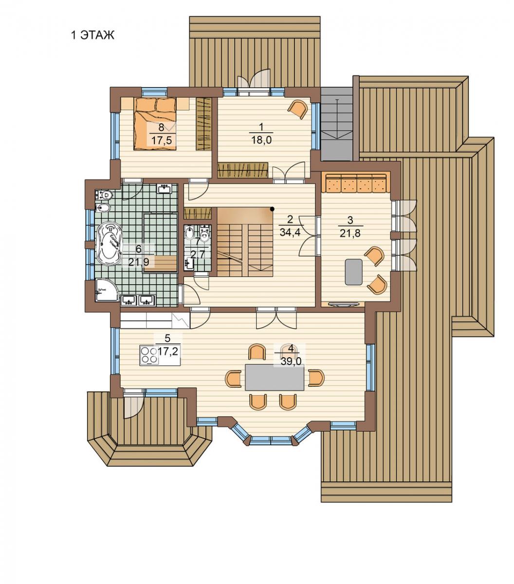 Планировка 1-го этажа деревянного дома Верона